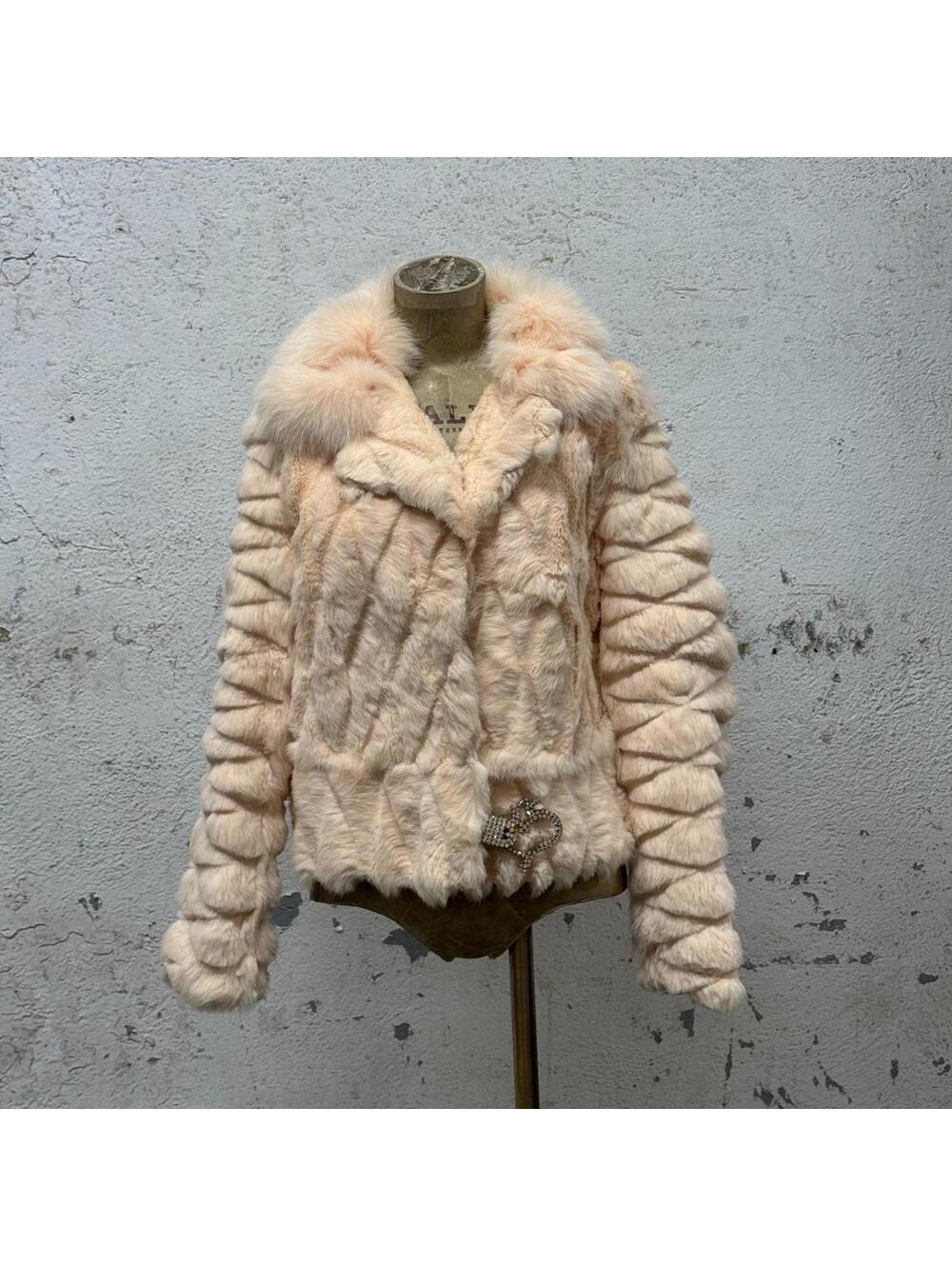 Vintage Y2k Quilted Blush Rabbit & Fox Fur Jacket